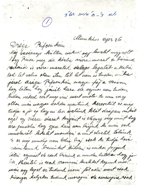 Letter sent by Pearl Klein in the Munkács ghetto to her daughter Rivka in Budapest, page 1