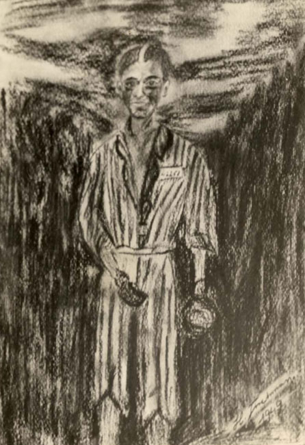 A coal drawing of Jakow Weinberger in camp inmates clothes. Jakow Weinberger was born in Munkács and survived the Munkács ghetto and the Wolfsberg, Ebensee, Schomberg, Gauting and Dyhernfurth camps. Painted after the liberation by his friend who was in the camp with him.