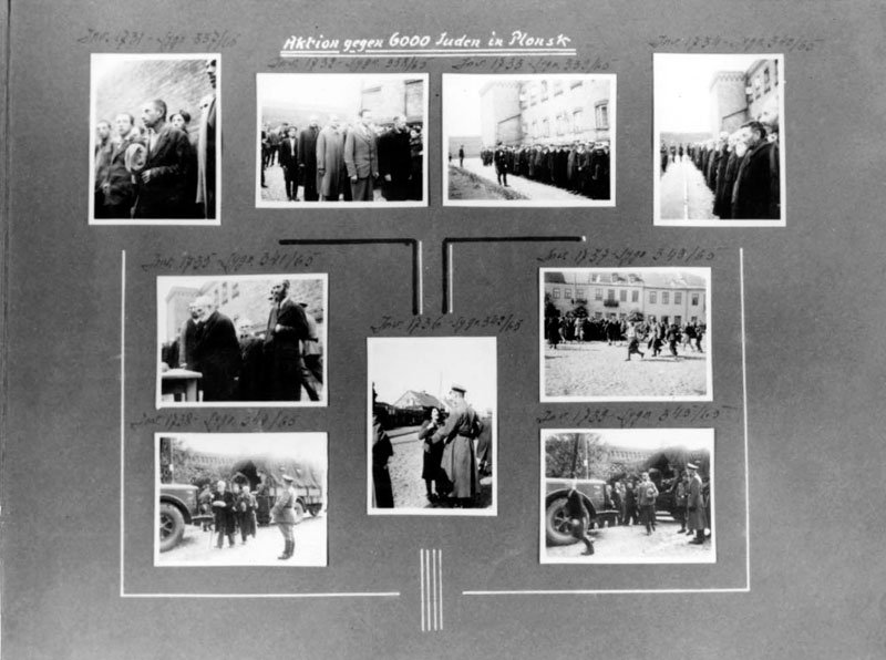 A page from a photo album with pictures from 19 September 1939 of the registration of Jewish men in the courtyard of the Plonsk prison, while being beaten