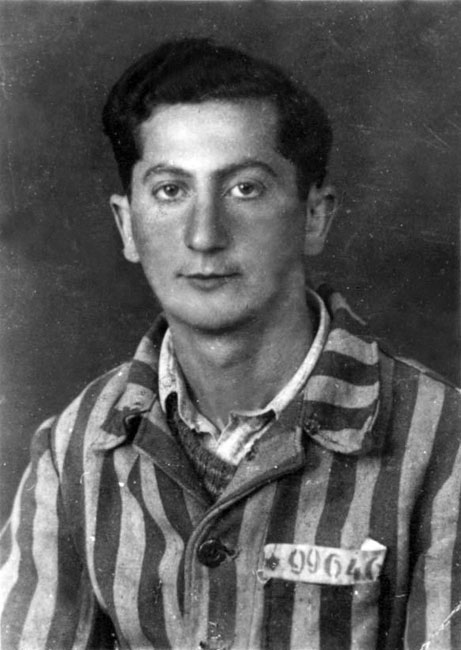 David Kalmanowsky from Plonsk in a prisoner's uniform at liberation. David survived the Holocaust with his wife Sara, and they emigrated to Israel