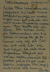 Letter sent by Marta Salmang from Terezin to her cousin Hans Popper in Stockholm, Sweden in 1944