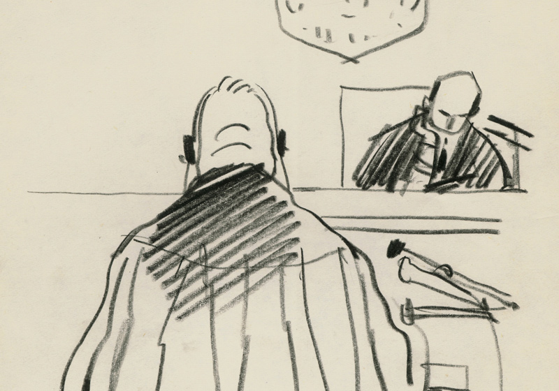 Advocate Dr. Robert Servatius in courtroom, 1961