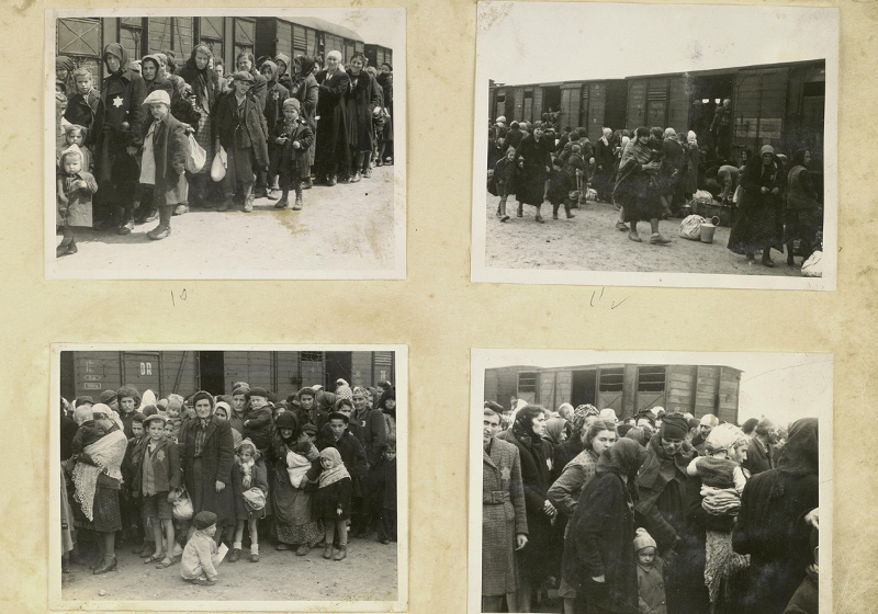 יהודים הונגרים יורדים מן הרכבת בעת הגעתם למחנה אושוויץ-בירקנאו, 1944