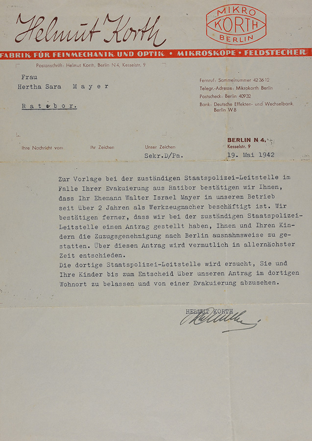 Bestätigung des Mikro-Korth-Werks in Berlin vom 19. Mai 1942, dass Walter Mayer im Werk in Berlin beschäftigt war