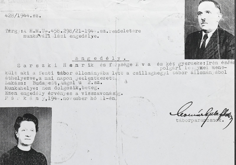 Certificate issued in the name of  Henrik Sarszki, his wife Eva, their daughter Iren and their nephew Jan, Polish Christian refugees living in Budapest