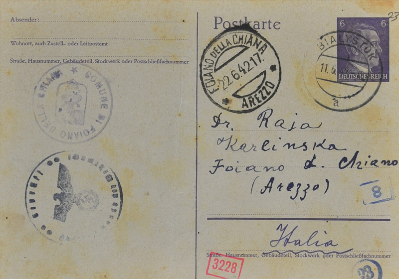 גלויה שנשלחה לד“ר רעיה קרלינסקי באיטליה מבני משפחתה בגטו ביאליסטוק. יוני 1942