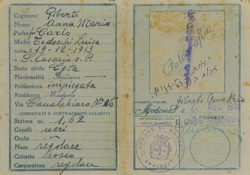 תעודה מזויפת על שם אנה מריה ג'יברטי (Giberti) בה השתמשה ד“ר רעיה קרלינסקי בתקופת המלחמה באיטליה