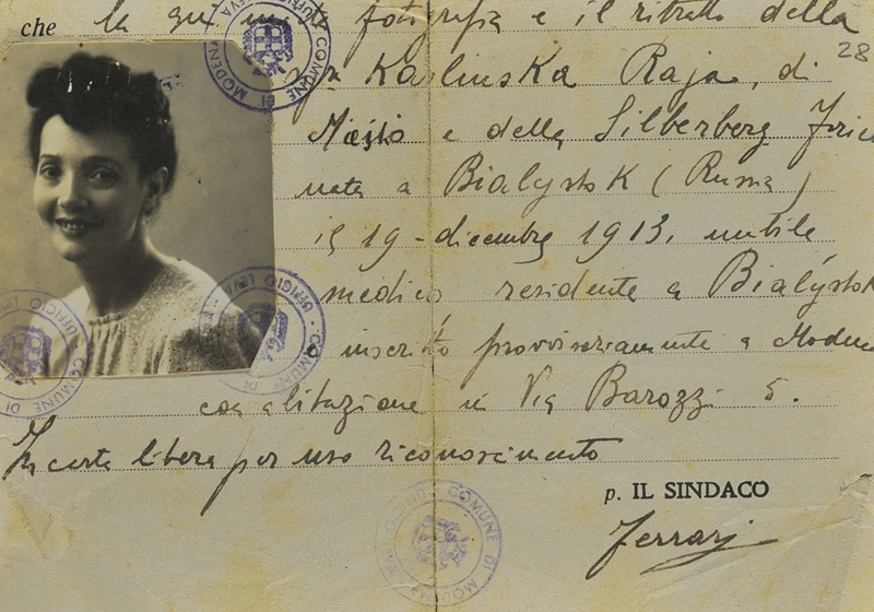 Temporary ID card in the name of Raja Karlinska, stamped by the Mayor of Modena, 8 October 1945
