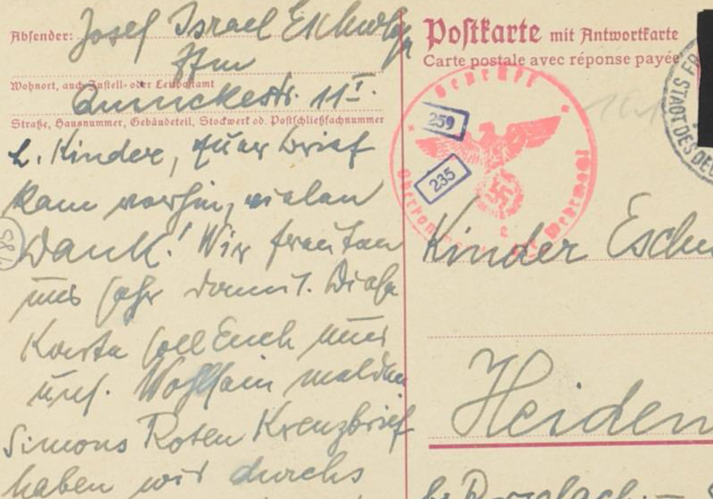 Carte postale envoyée par Berta et Josef Eschwege à leurs enfants placés dans le foyer de Heiden, en Suisse. Le 10 novembre 1941
