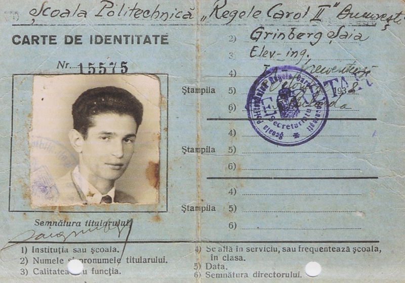 Şaia Grinberg's student card for 1938-9 at the Polytechnic School in Bucharest, Romania. 