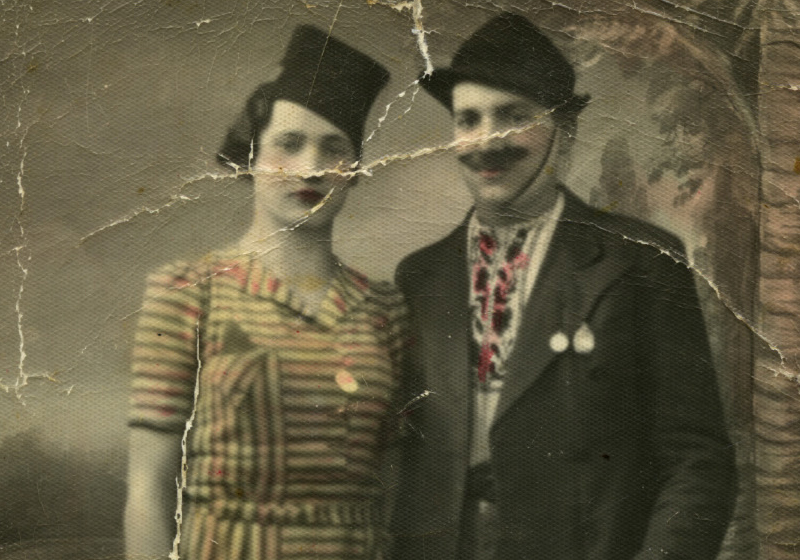Brothers Shmuel (from right) and Yitzhak Scharf, in Purim costumes.  Iași, Romania, 1935