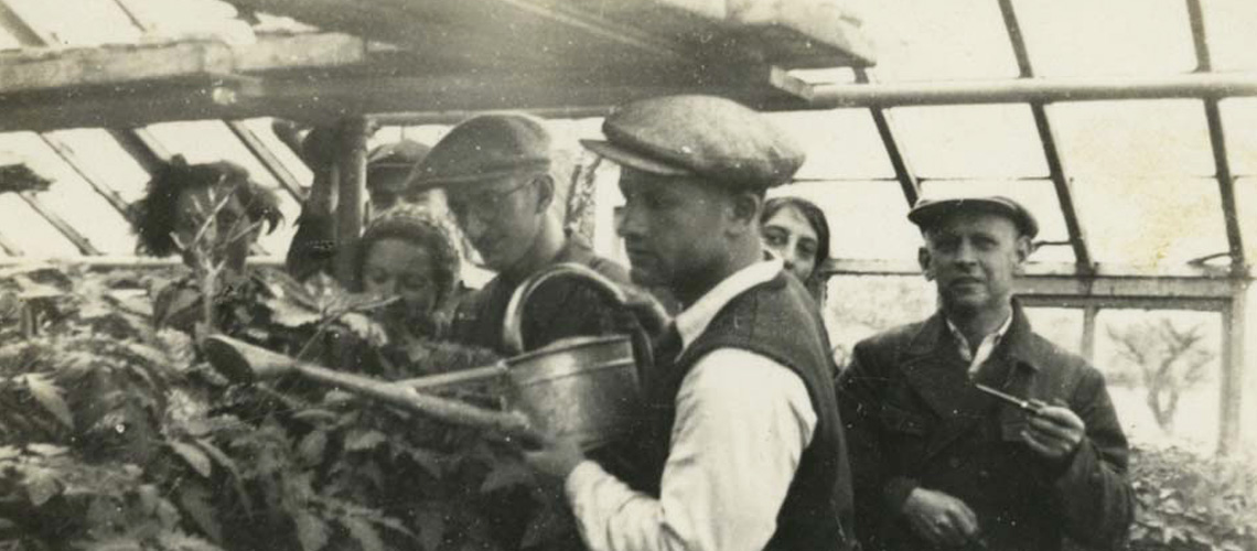 Heinz Roberg (center) at the Hachshara (pioneer training) program, Germany, 1939