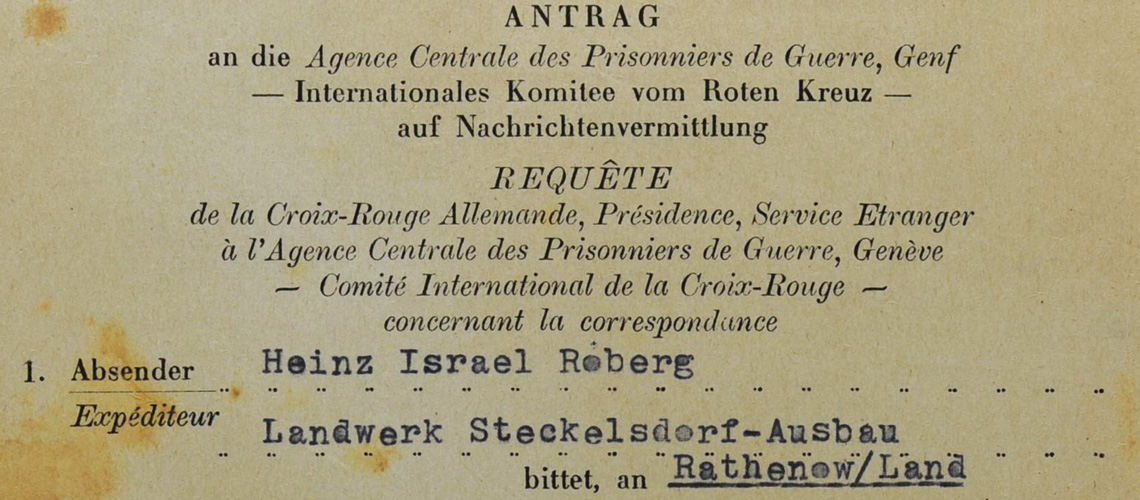 המכתב האחרון ששלח היינץ רוברג מההכשרה בשטקלסדורף, גרמניה, לאחיו אליעזר בארץ ישראל, נובמבר 1940