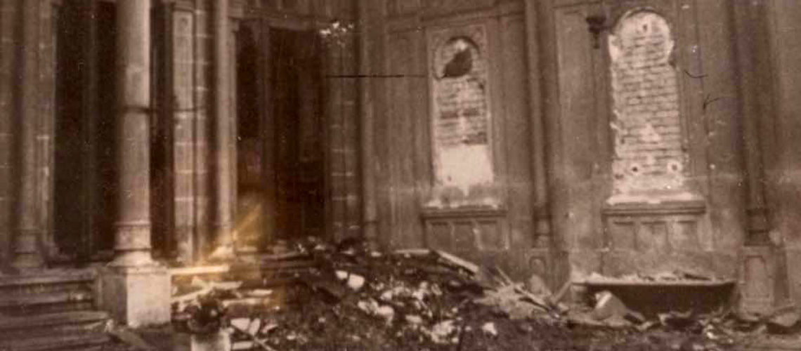 The "Turkish" (Sephardic) synagogue on Zirkus Street (Zirkusgasse ) in Vienna's 2nd District, in ruins as a result of the Kristallnacht pogrom, 9-10 November 1938