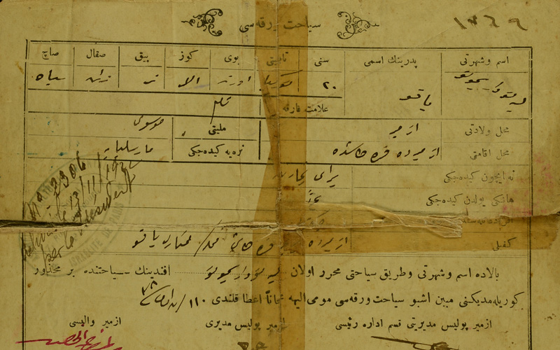 Elie Barsimantov's Turkish passport, stamped with his entry to France in 1922