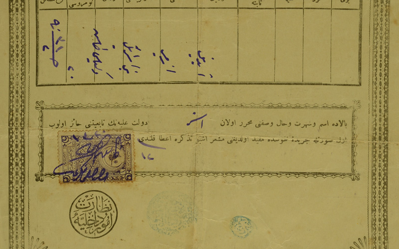 דרכונו הטורקי של אלי ברסימנטוב שעליו מוטבעת חותמת הכניסה לצרפת ב-1922