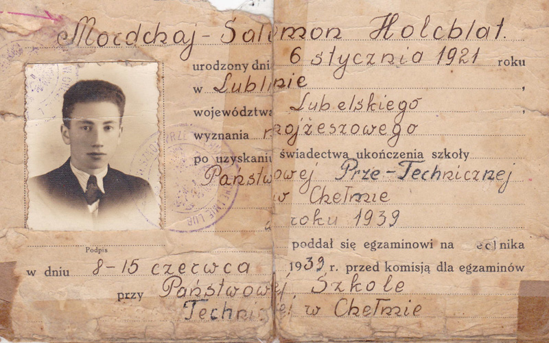 Mordechai Holcblatt's high school diploma, Chelm, 1939