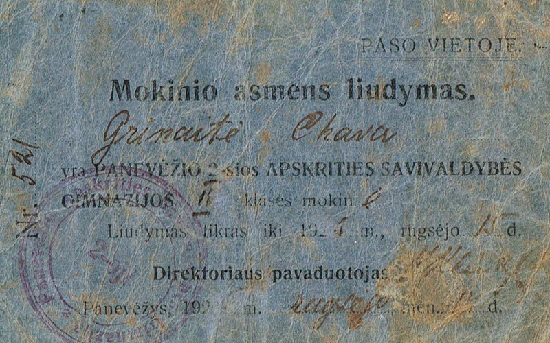 Student report card of Hava Grin. Panevėžys, 1924