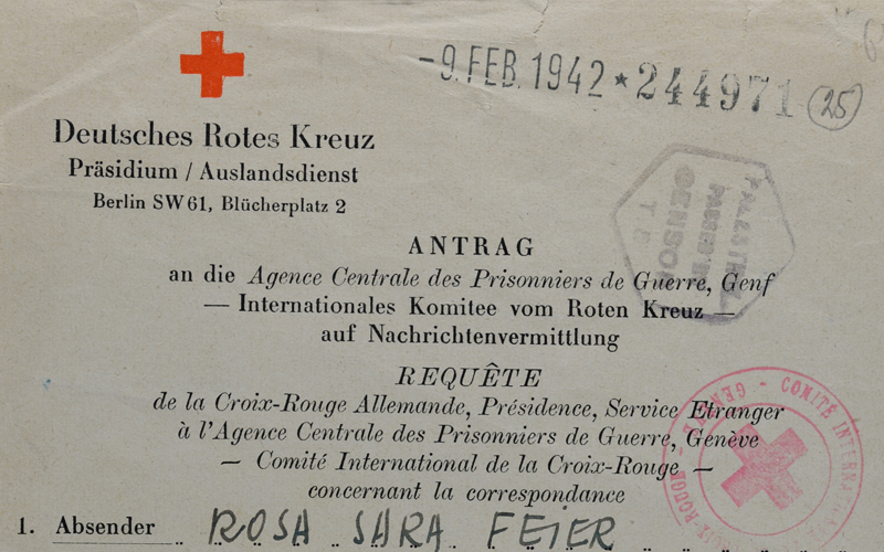 מברק ששלחה רוזה פאייר מווינה באמצעות הצלב האדום לבנה אריך בארץ ישראל, ינואר 1942

