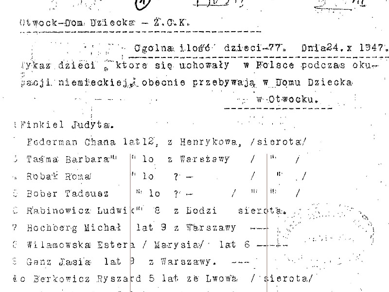 List of children in the
home in October 1947