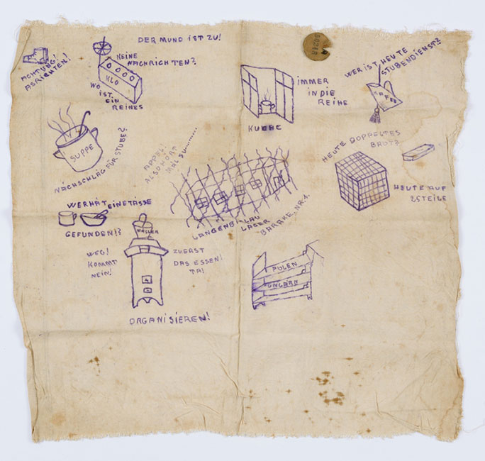 The piece of cloth on which Lea sketched scenes of the camp