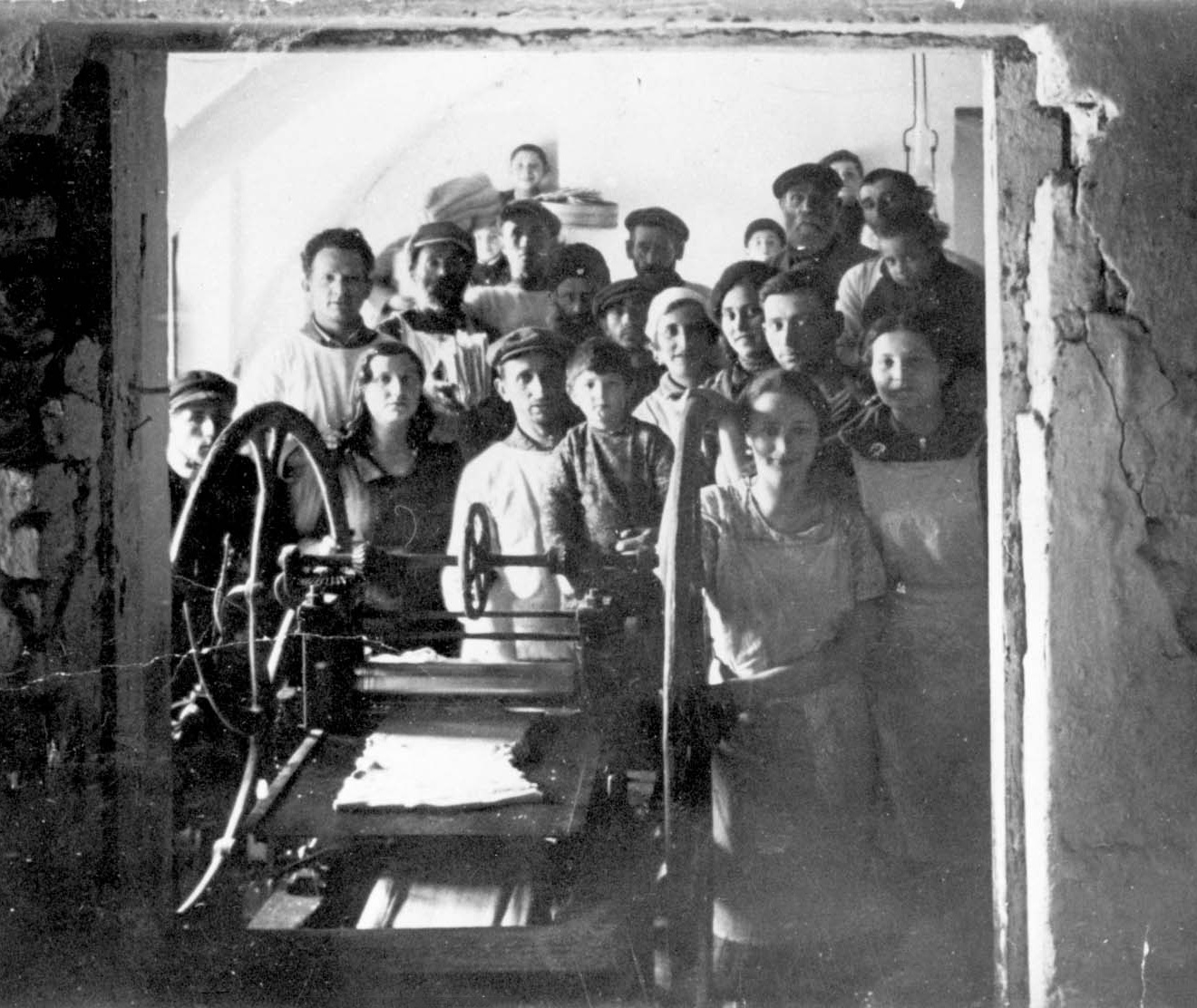 Workers with a matzah machine, Dzisna, Vilna, Poland, prewar