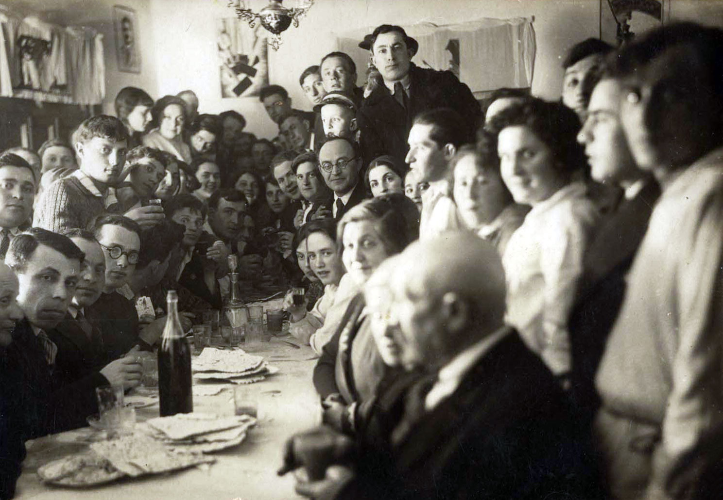 Kostopol, Poland, a group photograph of members of a Hachshara (agricultural training program) during Passover 