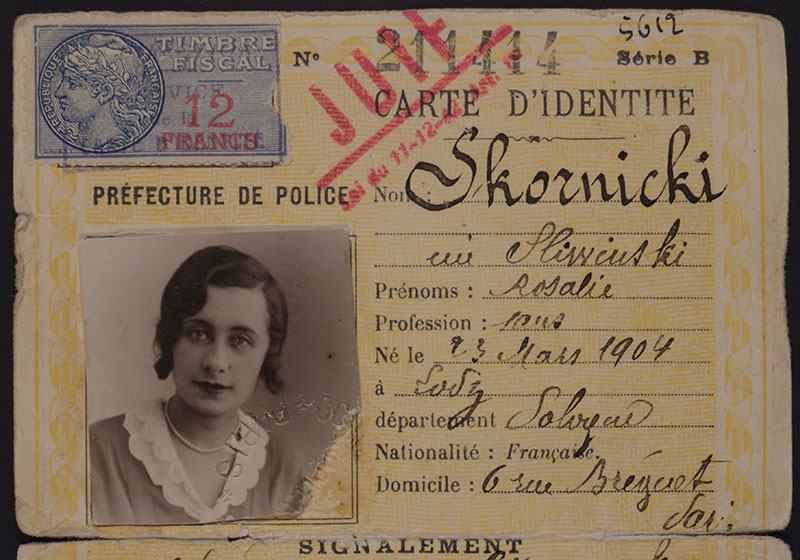 ID card in the name of Rosalie Skornicki, marked with the stamp, "Juif" (Jew)