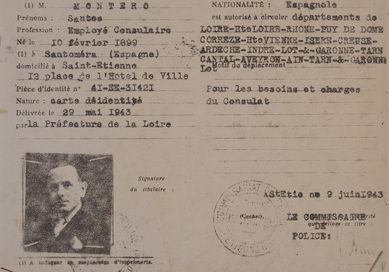 Document identifying Samuel Skornicki as Spanish-born Santos Montero, issued on 9 June 1943 at the Spanish Consulate in Saint Etienne.  The document states that he is an embassy employee