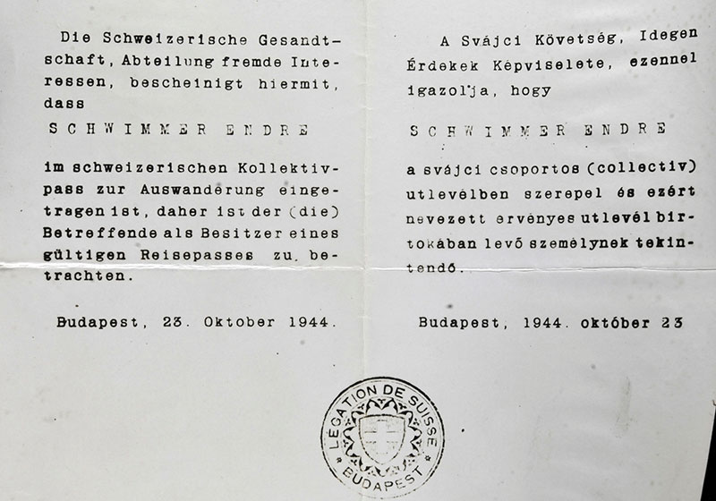 Swiss letter of protection in the name of Endre Schwimmer, issued on 23 October 1944 in Budapest, testifying that the owner's name can be found on a Swiss collective passport