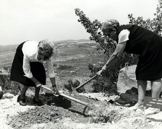 Mrs. Abrahamer and her daughter Alina planting a tree in honor of Gebethner, Yad Vashem, April 25, 1983