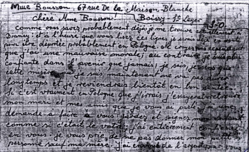 Lettre adressée par Nacha Rutkowska à madame Bousson avant sa déportation à Auschwitz