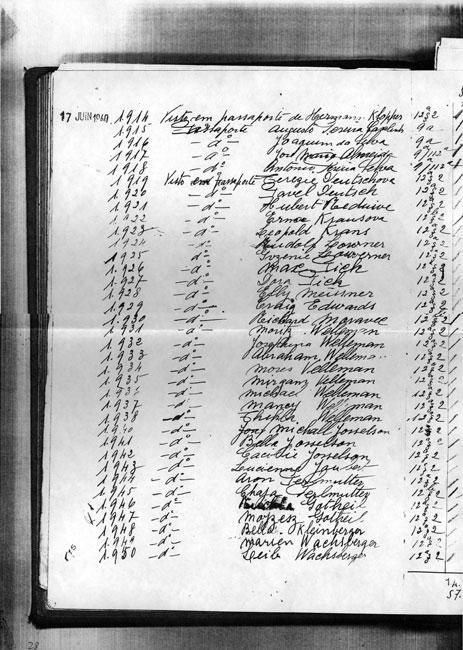 Une page du registre des visas, 17 juin 1940, sur laquelle figurent des noms de personnes ayant obtenu des visas délivrés par Sousa Mendes
