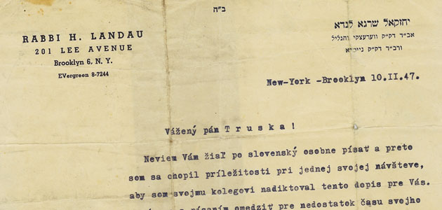 Carta de agradecimiento del rabino Landau a sus salvadores, 1947