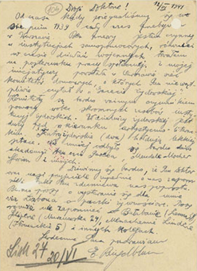 Letter written by Emanuel Ringelblum to Dr. Abraham Silberschein in Geneva