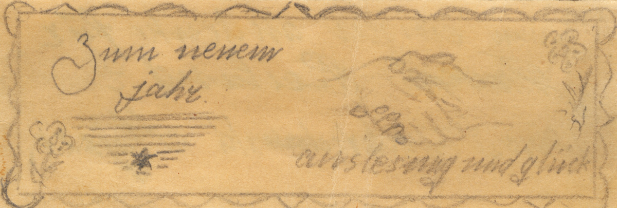 כרטיס ברכה לשנה טובה שהכין משה טרשצ'נסקי בן ה-9 בגטו טרזין למדריכת הקבוצה שלו, אמיליה ריינוולד, ספטמבר 1943