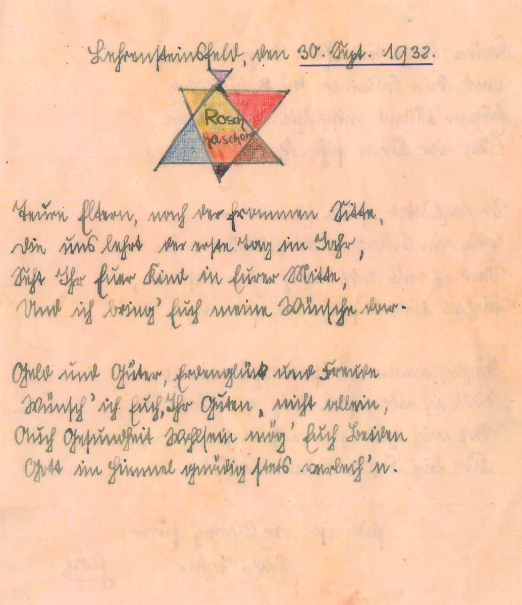Carte du Nouvel An écrite en 1932 en Allemagne par Flore Henle, 12 ans, à ses parents