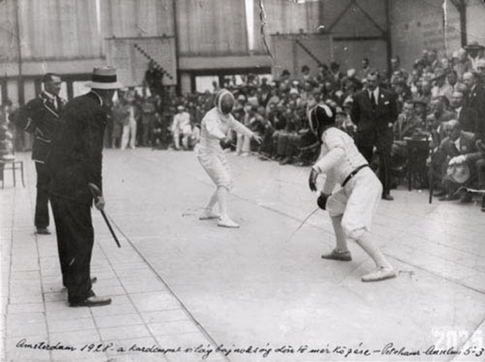 Attila Petschauer fencing in competition, Amsterdam, 1928