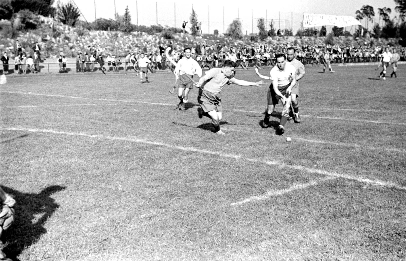 Berlin, Germany, 1937, a hockey game at the "Bar-Kochba" international sports games with the participation of "Hakoach Vienna". The games took place at the Grunewald field and included soccer, handball and hockey