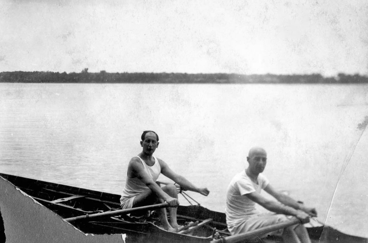Erno Rado (from left) and Kalman Ipoly rowing on the river in Budapest, Hungary