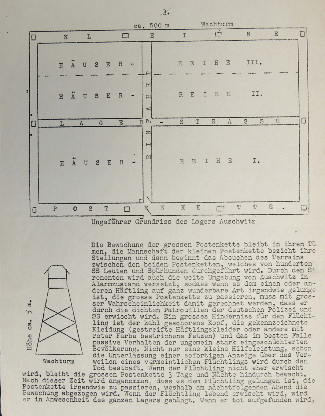 Allgemeine Skizze des Hauptlagers und einer der das Lager umgebenden Wachtürme, aus dem Vrba-Wetzler-Bericht