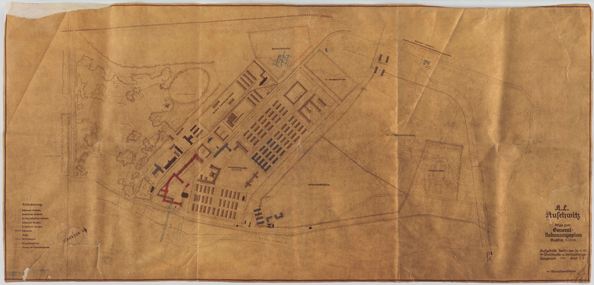 Plano de la ampliación de AuschwitzI fechado el 30 de abril de 1942, incluyendo la enorme jefatura del campo marcada en rojo