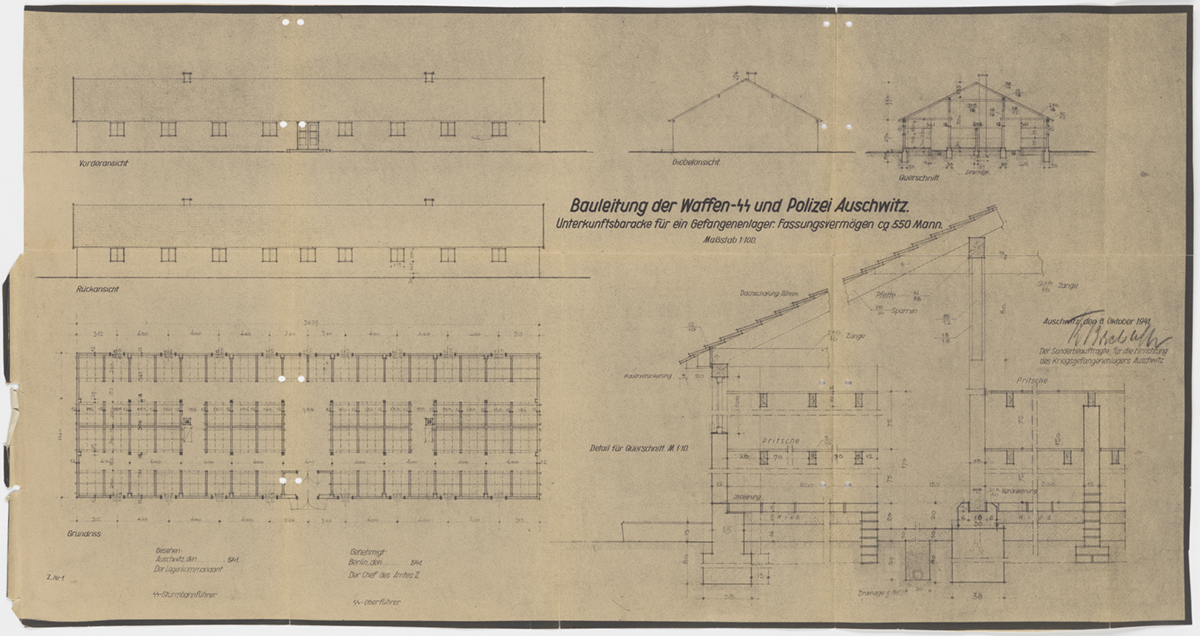 Plan für den Bau einer Baracke als Unterkunft für etwa 550 Gefangene in Birkenau vom 8. Oktober 1941