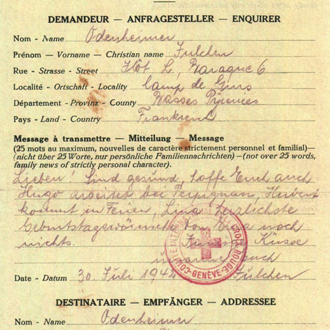 Der letzte Brief der Mutter Ehud Loebs. Er wurde Ehuds Onkel am 30. Juli 1942 durch das Rote Kreuz übergeben