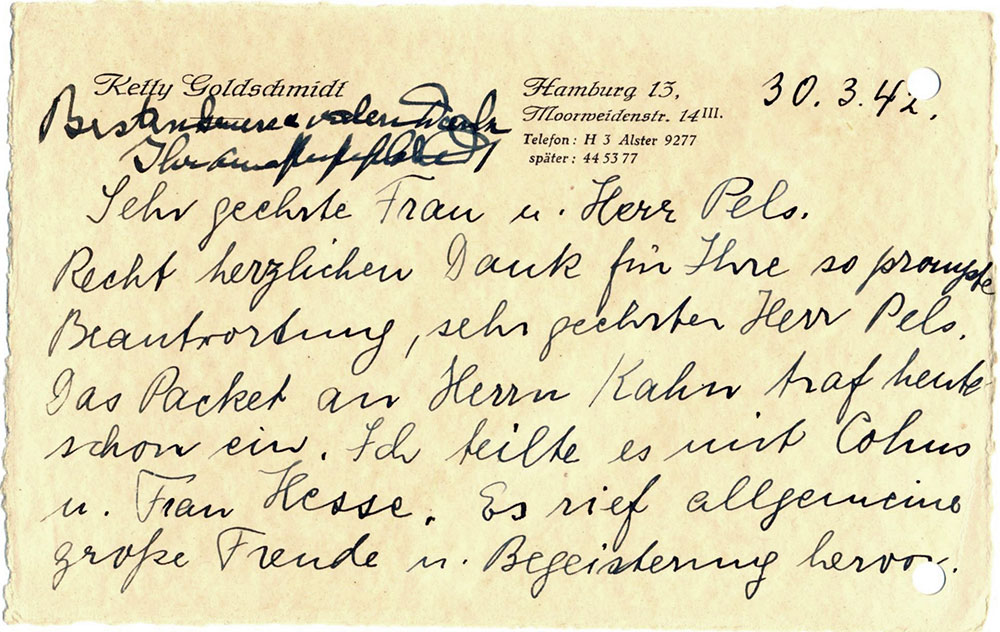 Letters from Ketty Goldschmidt to Cecilia and Ludwig Pels