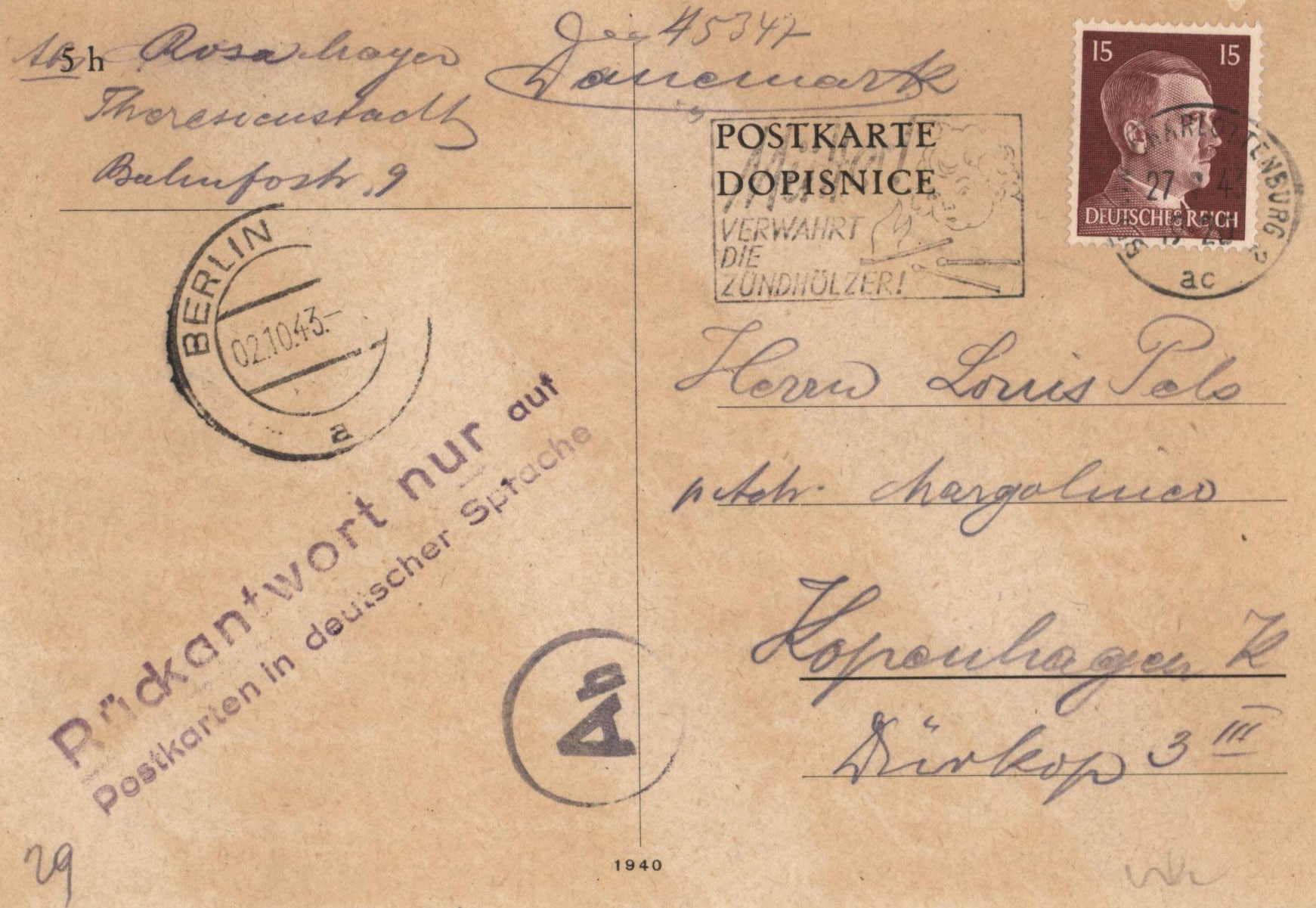 A postcard from Rosa and Ascher Mayer sent from Theresienstadt in August 1943