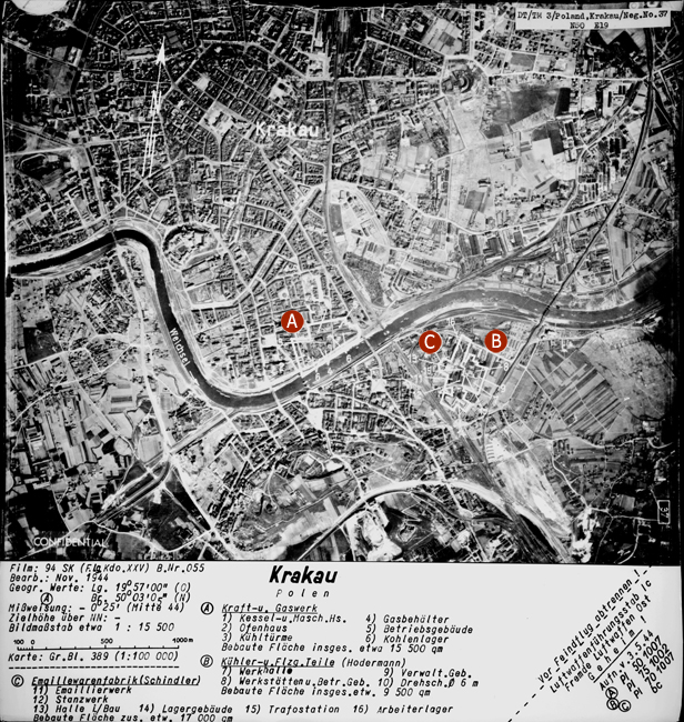 Photograph of Krakow, with the original German interpretation text.  Schindler’s factory is marked with the letter C, within which the main workshop (11) inside the “workers’ camp” (16) can be identified