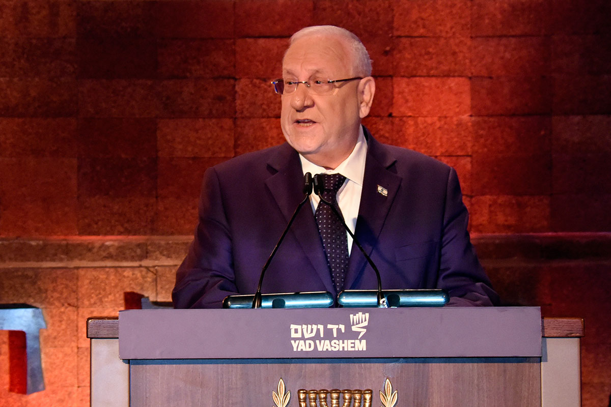 El Presidente de Israel Reuven Rivlin durante su discurso en la ceremonia oficial de apertura del Día del Recuerdo del Holocausto y el Heroísmo