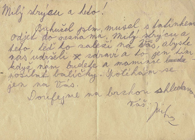 Carta final de Jiri enviada a su tío Hanus Tauber que todavía estaba libre en Praga, 1944