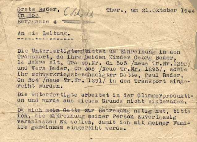 Carta de Grete Bader, fechada el 21 de octubre de 1944, en la que solicitaba unirse a su familia en el transporte que salía de Theresienstadt